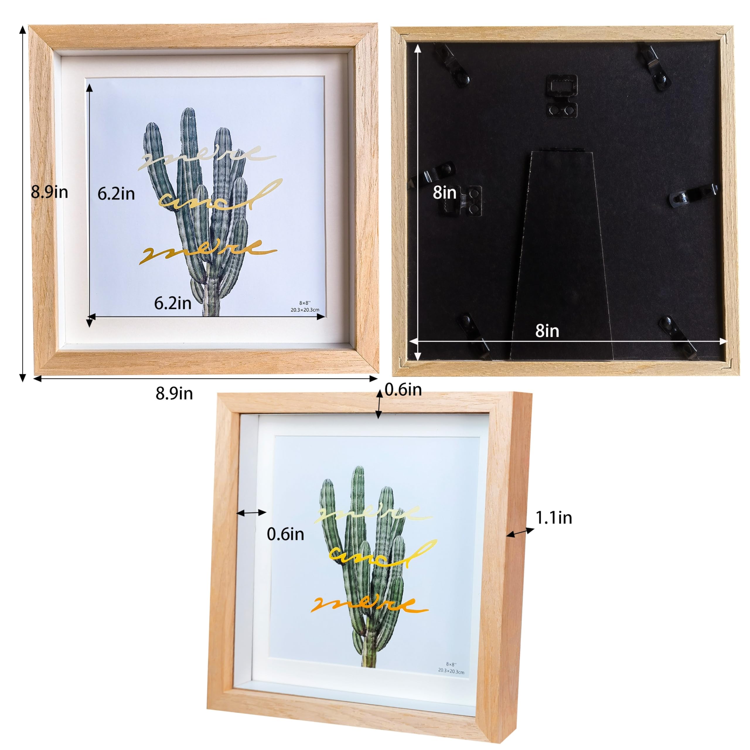 Dohomi 8x8 Shadow Box Frame Natural Wood Shadow Box Display Case 3 Pack Picture Frames Glass Surface Internal Depth 0.6 inch for